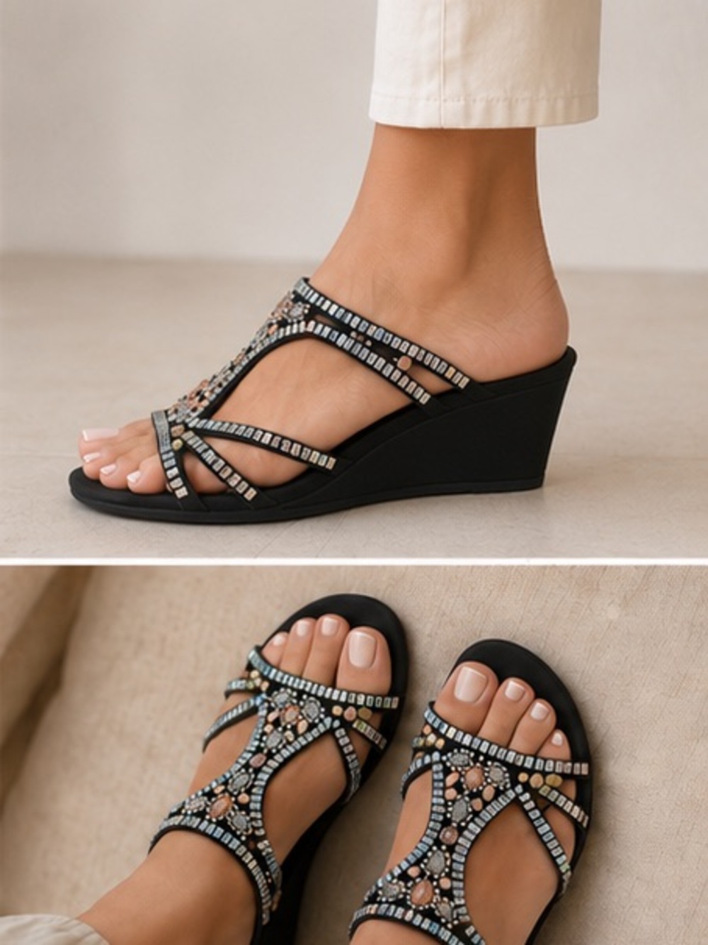 Yellow Box Black Jeweled Wedge Sandals 10M - Picture 16 of 16